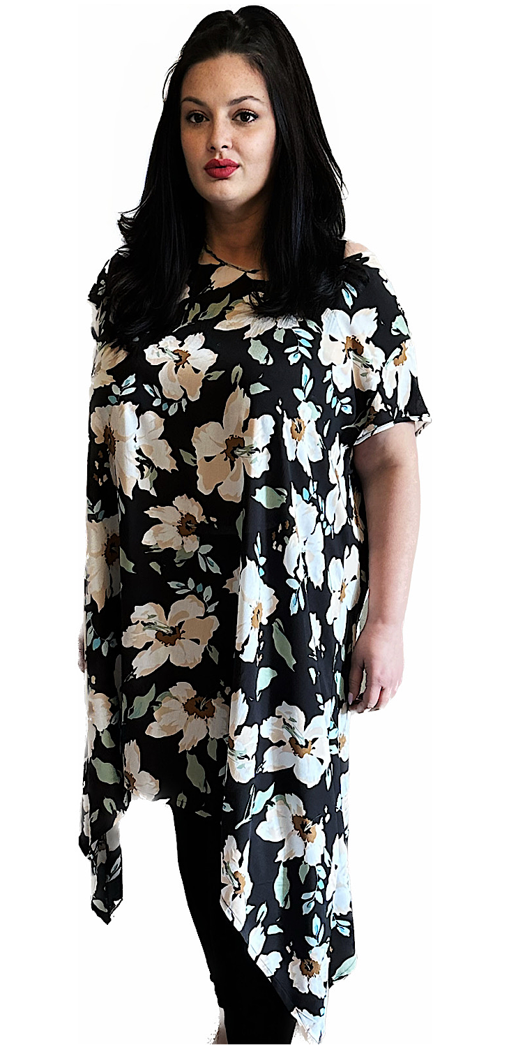 Women Tunic in Black and Flowers - Dark Garden